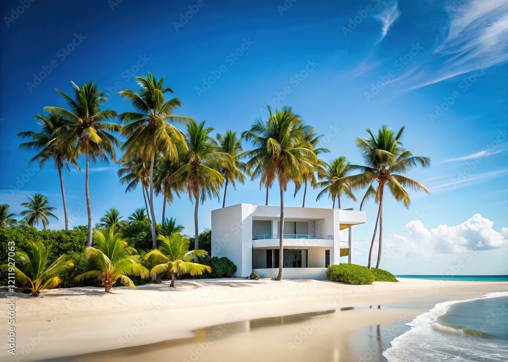 Fototapeta premium Minimalist Beach House: Serene Palm Tree Paradise, Clear Sky, Ocean View Stock Photo