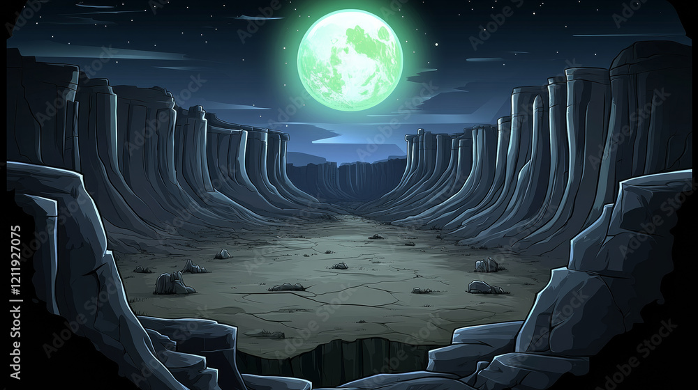 Fototapeta premium Moonlit canyon with dramatic cliffs and starry sky