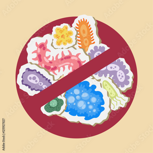 Bacteria with a prohibition sign. Germs and viruses, bacterial protection and disinfection caution symbol illustration icon. Stop infection, epidemic and flu ban