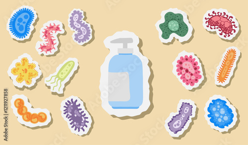 Bacteria and virus illustration set with liquid soap. Pathogenic bacteria, viruses and microbes, disease-causing, color germs, bacterium type, microorganism infection