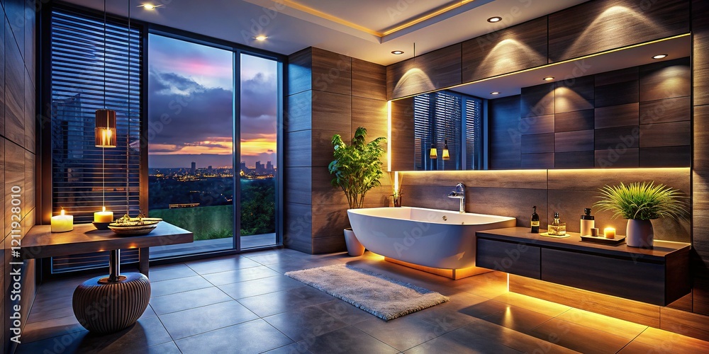 Fototapeta premium Modern Bathroom Night Photography: Dark, Moody Ambiance, Minimalist Design, Luxury Fixtures, Clean Lines