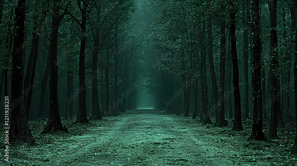 Fototapeta premium Into the Mist: A haunting and atmospheric photograph of a narrow road disappearing into a dense and mysterious forest, shrouded in a thick layer of mist, leaving the viewer pondering what lies ahead.