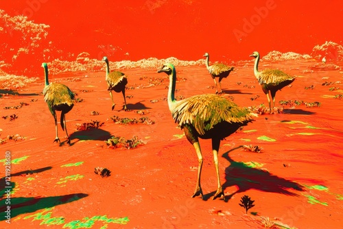 A group of emus striding purposefully across a red desert landscape, their long necks held high. photo