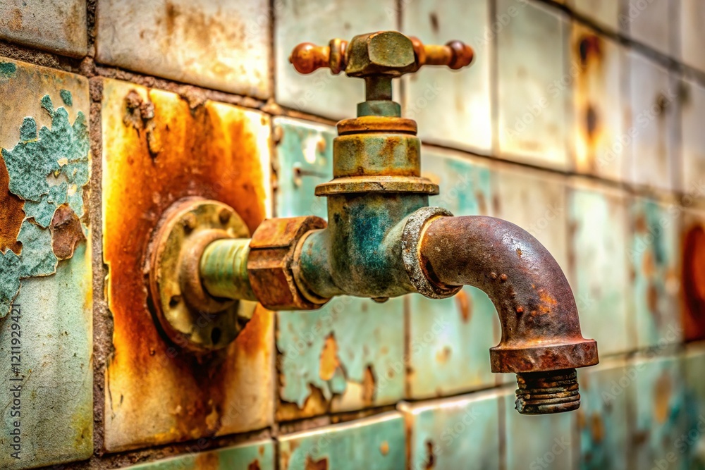 Rusted Metal Faucet Pipe on Tiled Bathroom Wall - High-Resolution Stock Photo Rusted Metal Faucet Pipe on Tiled Bathroom Wall - High-Resolution Stock Photo