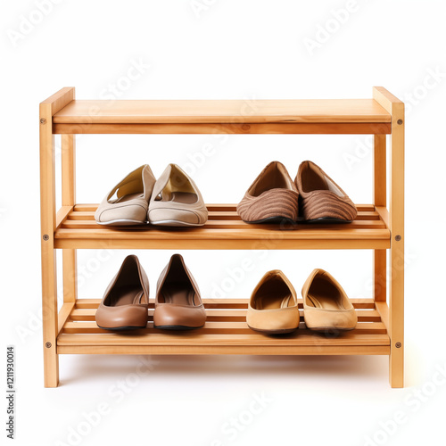 Wooden Shoe Rack with Six Pairs of Womens Flats photo