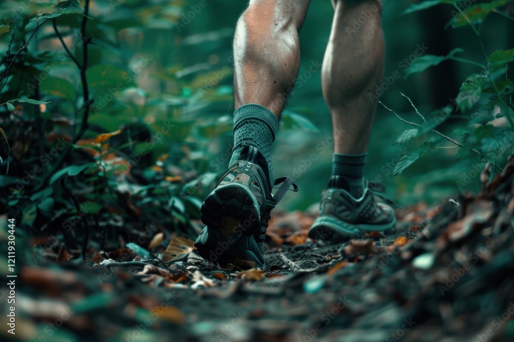 Trail runner in forest wearing sports shoes. Trail runner in forest wearing sports shoes.