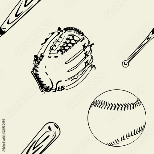 Seamless pattern featuring baseball essentials: a glove, ball, and bat. Vintage and retro style.