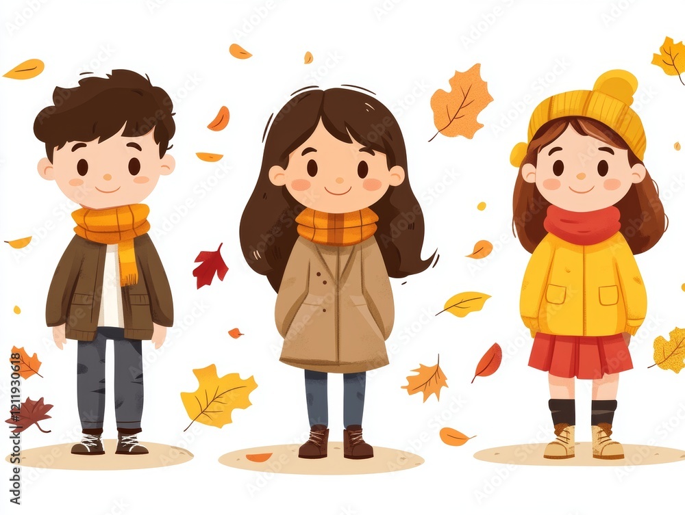 Cute Cartoon Characters Enjoying Autumn Season with Colorful Leaves Cute Cartoon Characters Enjoying Autumn Season with Colorful Leaves