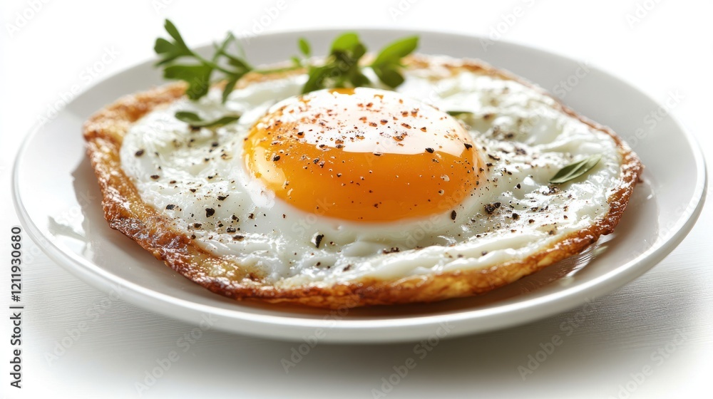 Fried egg on plate, breakfast food, herbs, white background Fried egg on plate, breakfast food, herbs, white background