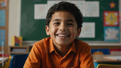Wallpaper Mural kid hispanic male in orange shirt on classroom model portrait giggling for ad concept space for text Torontodigital.ca