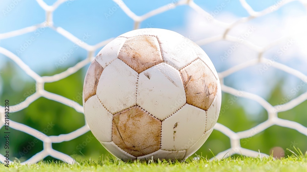 Naklejka premium Worn soccer ball rests on green grass in front of a goal net under a bright blue sky.