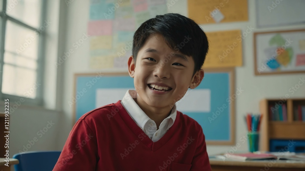 kid asian male in red shirt on classroom model portrait giggling for ad concept space for text