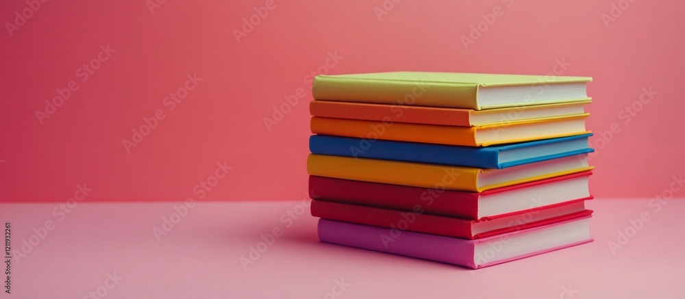 A Stack of Colorful Books on a Pink Background A Stack of Colorful Books on a Pink Background