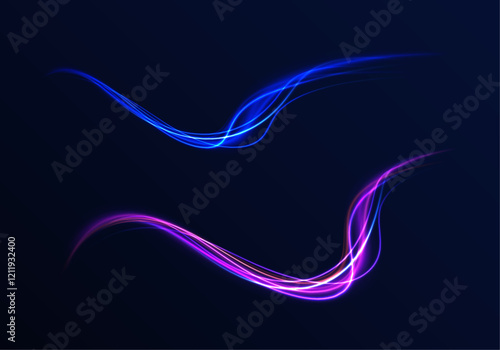 Acceleration speed motion on night road. Colorful Light Trails, Long Time Exposure Motion Blur Effect. Abstract fire flare trace lens flares acceleration speed motion on night road. 