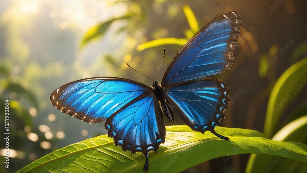 Serene Blue Morpho Butterfly on Lush Green Leaf Serene Blue Morpho Butterfly on Lush Green Leaf