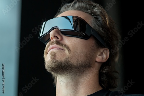 A person wearing a sleek black visor gazes upward with a look of curiosity and wonder, embodying the convergence of style and futuristic tech. photo