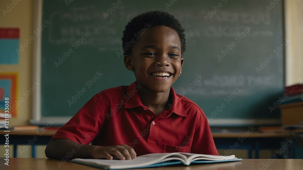 kid african male in red shirt on classroom model portrait giggling for ad concept space for text kid african male in red shirt on classroom model portrait giggling for ad concept space for text