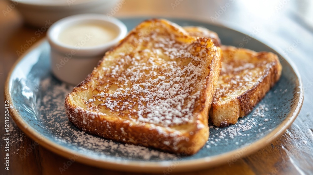 Melba Toast Day Delicious french toast with powdered sugar and syrup on blue plate for breakfast delight Melba Toast Day Delicious french toast with powdered sugar and syrup on blue plate for breakfast delight