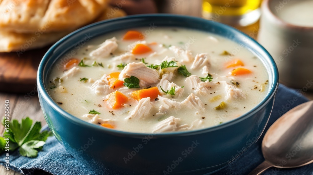 Comforting homemade chicken stew with vegetables in a blue bowl for cozy dining experience Comforting homemade chicken stew with vegetables in a blue bowl for cozy dining experience