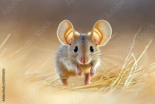 A hopping mouse darting through spinifex grass in the arid Red Centre, its large ears twitching alertly. photo