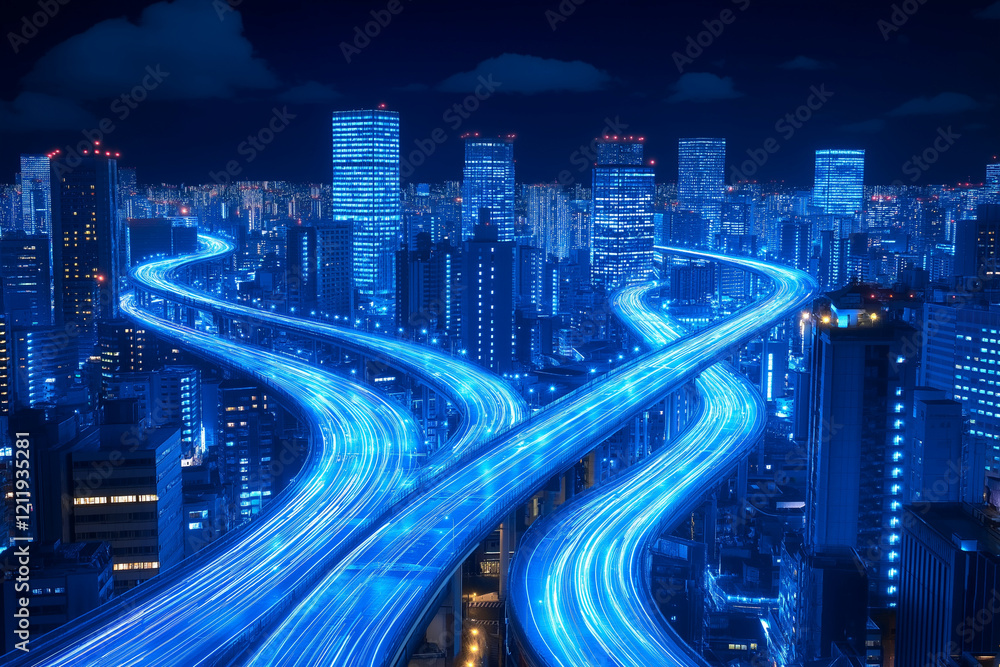 Fototapeta premium vibrant cityscape at night featuring illuminated highways and skyscrapers, showcasing dynamic flow of light and energy. scene captures essence of urban life and technology