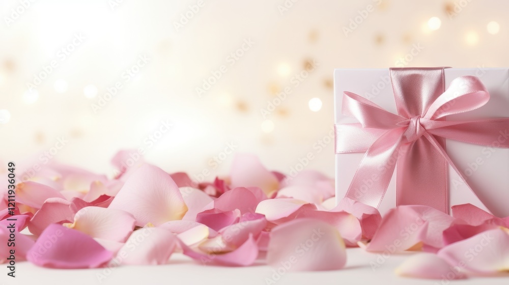 Elegant gift box with pink ribbon surrounded by rose petals Elegant gift box with pink ribbon surrounded by rose petals