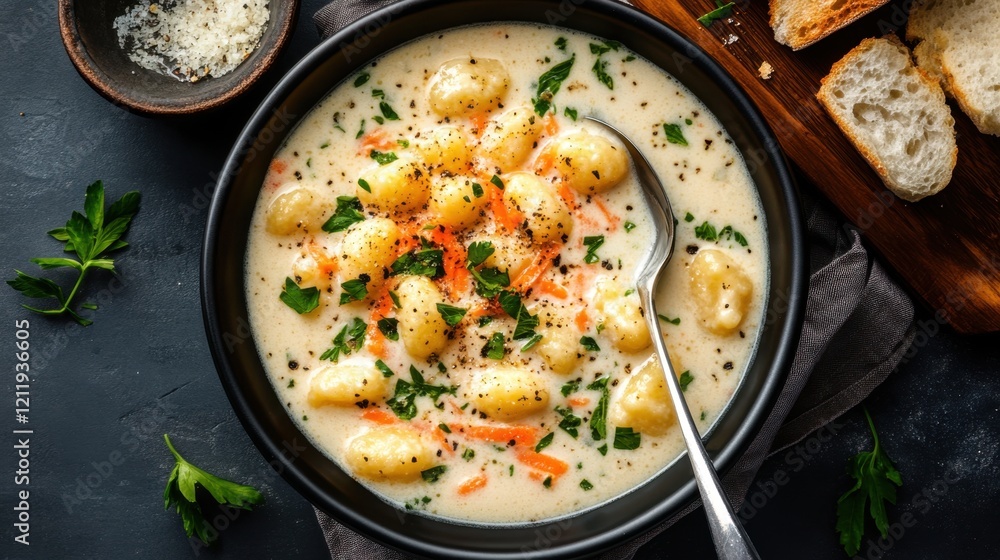 Creamy gnocchi soup with herbs and bread on rustic table Creamy gnocchi soup with herbs and bread on rustic table