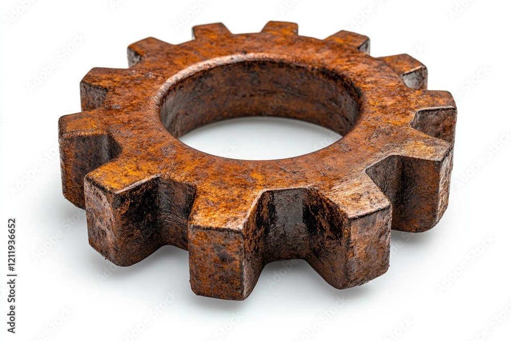 A rusty metal gear on a white surface, suitable for mechanical or industrial designs A rusty metal gear on a white surface, suitable for mechanical or industrial designs