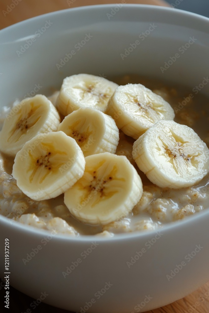 Creamy oatmeal with fresh banana slices in white bowl