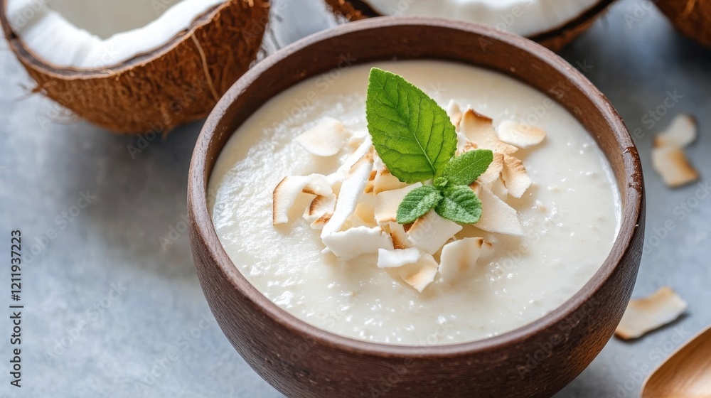 Creamy coconut yogurt with mint and toasted flake garnish in a wooden bowl Creamy coconut yogurt with mint and toasted flake garnish in a wooden bowl
