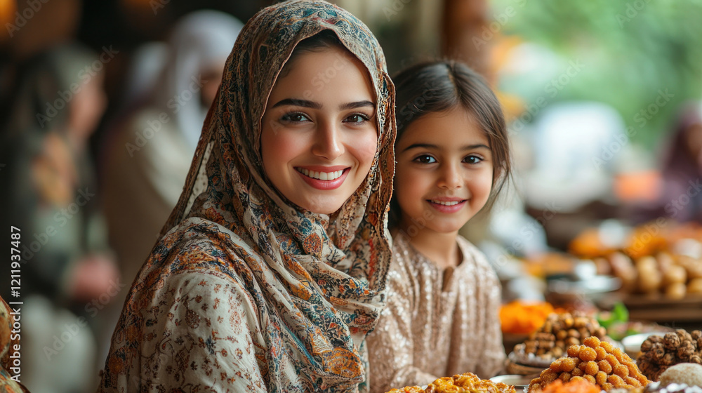 Families gathering to share sweets and exchange gifts during Eid celebrations, with joyful smiles Families gathering to share sweets and exchange gifts during Eid celebrations, with joyful smiles