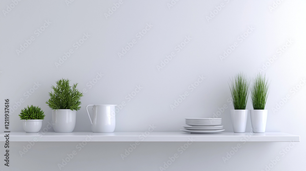 A sleek and modern shiny shelf is mounted on a vibrant white wall and vase on the shelf A sleek and modern shiny shelf is mounted on a vibrant white wall and vase on the shelf