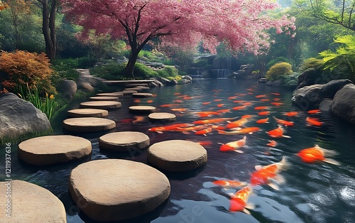 Serene koi pond with stepping stones and cherry blossoms.