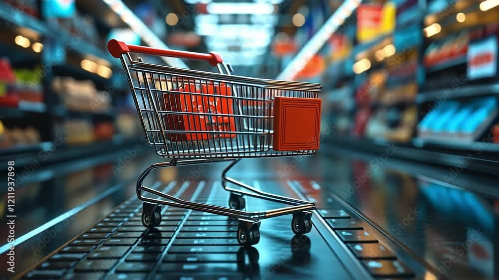 Shopping Cart on Keyboard:  A miniature shopping cart sits on a laptop keyboard, symbolizing the merging of the physical and digital worlds in modern e-commerce.