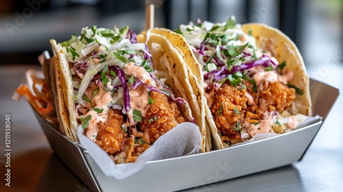 National Crunchy Taco Day Delicious crispy chicken tacos with fresh slaw and creamy sauce in a casual dining setting
