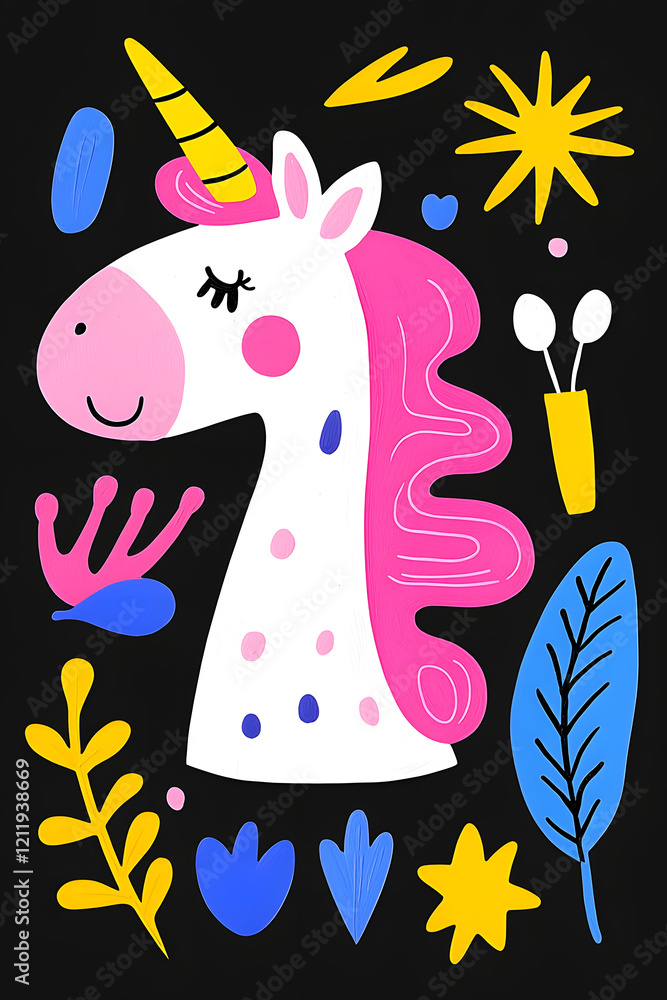 custom made wallpaper toronto digitalCute cartoon unicorn with mane and horn illustration on blossom background. Card and shirt design