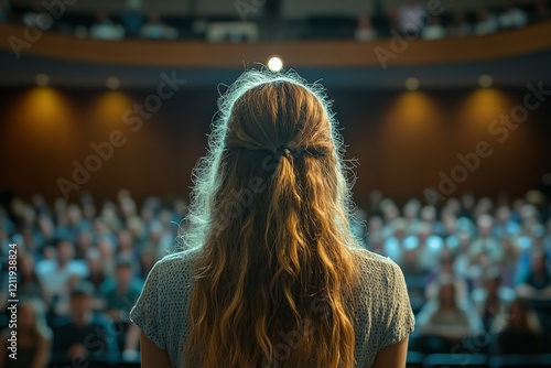 A young female speaker with long hair addresses a large audience in a dimly lit auditorium, capturing the attention and interest of the engaged crowd. photo