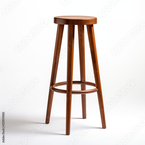 MidCentury Modern Wooden Bar Stool Brown Wood Simple Design Isolated on White