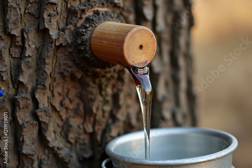 A close-up of a tree tap dripping clear maple sap into a metal bucket. The bark texture of the tree is detailed, and sunlight highlights the scene