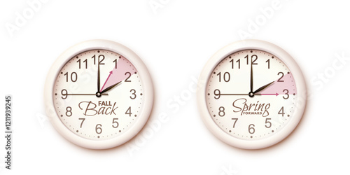 Spring Forward and Fall back design elements. Daylight saving time ends. Realistic clock isolated on white background. 3d Clock face with hands moving ahead and backward one hour. Vector illustration