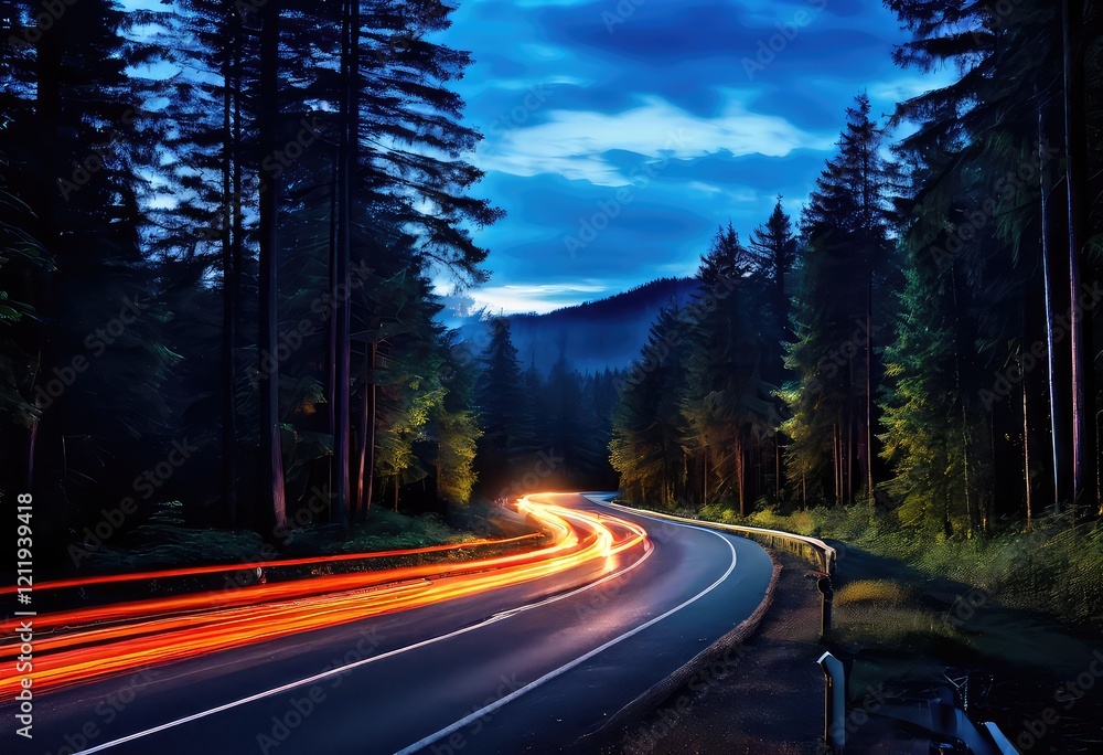 Fototapeta premium A winding road that travels through a dense forest during the night