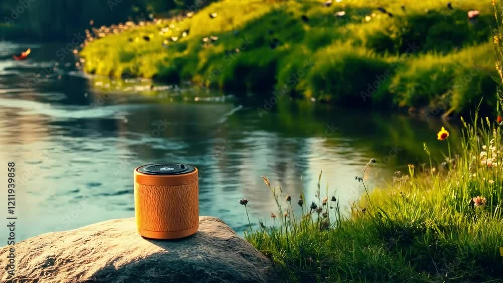 Tranquil riverbank scene with decorative container resting on smooth stone surrounded by lush green grass and sunlight reflections creating a serene and peaceful atmosphere outdoors