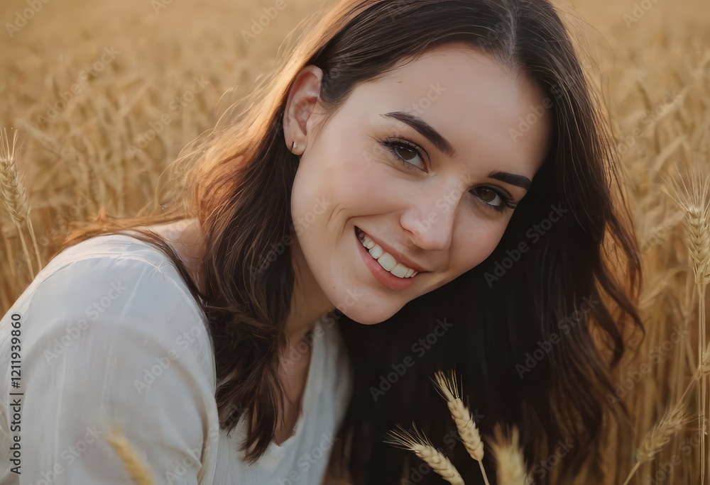 A joyful woman is smiling happily while standing in a vast field of wheat A joyful woman is smiling happily while standing in a vast field of wheat