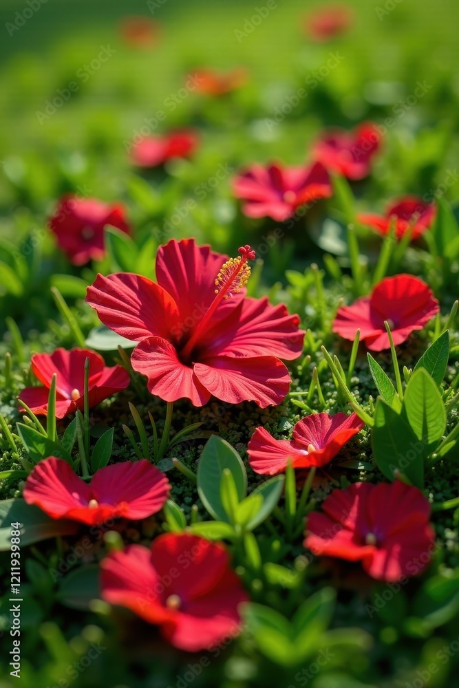 Red hibiscus petals scattered on a soft grassy floor, grass, wildflowers Red hibiscus petals scattered on a soft grassy floor, grass, wildflowers