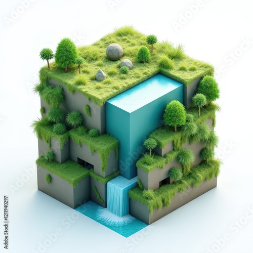 3D Geometric Nature Fusion
Cubic structures merging with natural elements like trees, plants, and flowing water, emphasizing harmony between technology and nature.