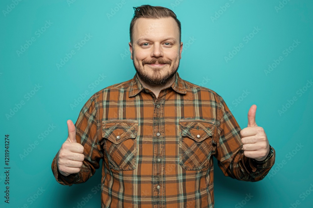Fototapeta premium Happy Man Wearing Plaid Shirt Shows Thumbs Up