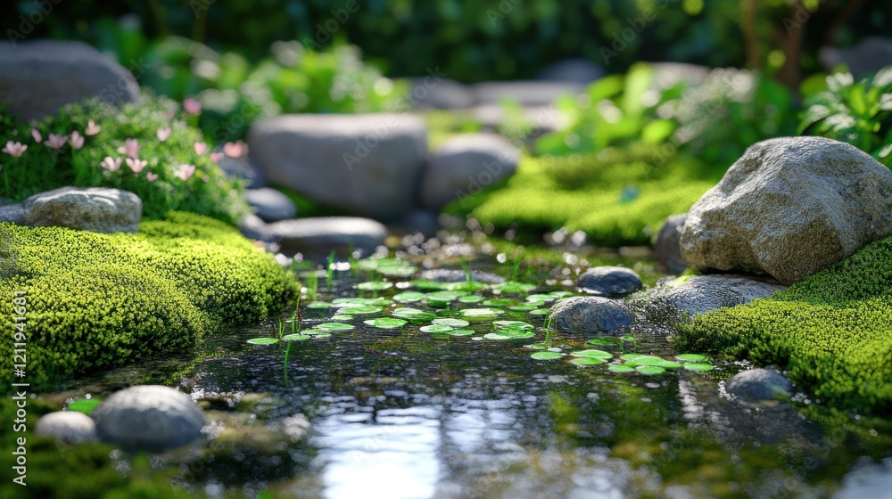 Serene stream flows through mossy rocks, lush garden backdrop, zen garden design Serene stream flows through mossy rocks, lush garden backdrop, zen garden design