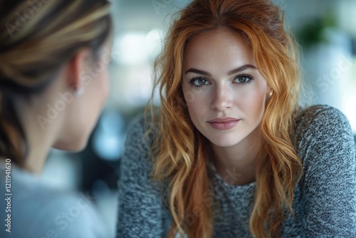 A woman with bright red hair gazes at another woman, captured in a moment of intrigue photo