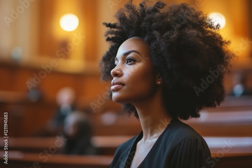 An introspective woman with an afro hairstyle gazes into the distance against a courtroom backdrop, channeling strength, resilience, and contemplative depth. photo