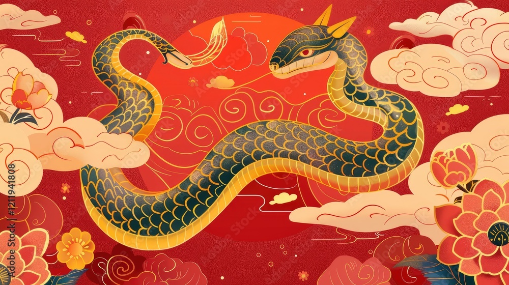 Cute Chinese snake print, vector illustration style, flat design with traditional elements of Spring Festival celebration and lanterns Cute Chinese snake print, vector illustration style, flat design with traditional elements of Spring Festival celebration and lanterns